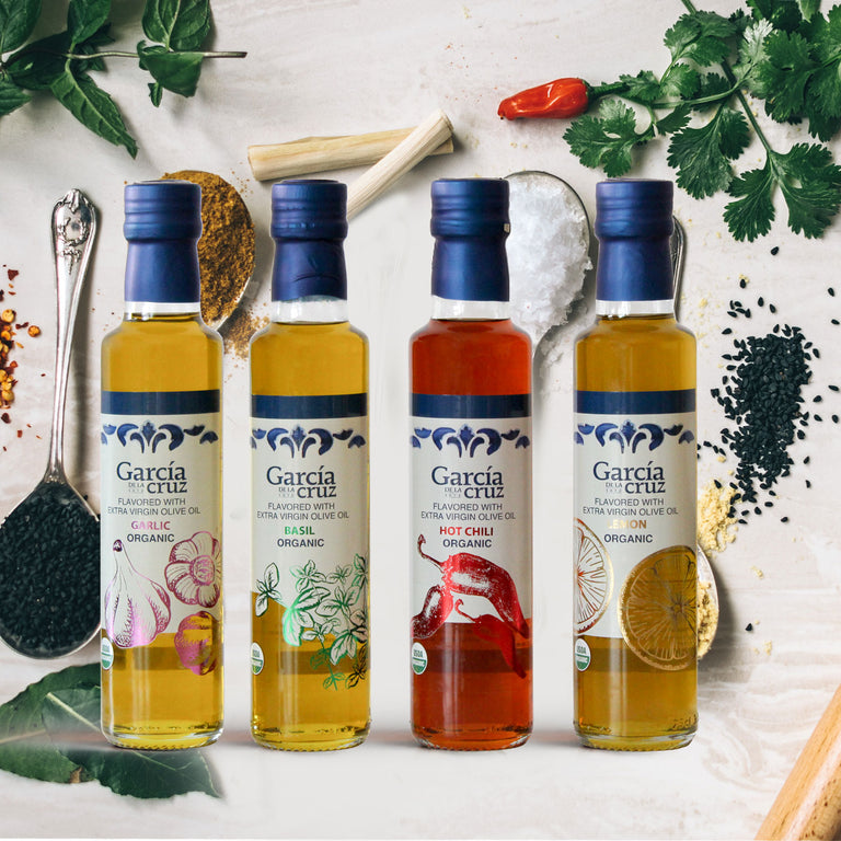 infusedset-four 4 pack infused extra virgin olive oil garcia de la cruz basil garlic hot chili lemon flavors from spain